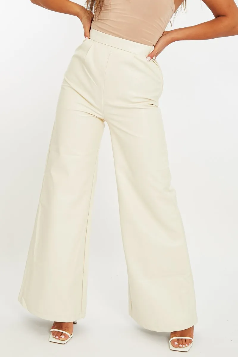 Cream High Waist Wide Leg Faux Leather Trousers - Hanika