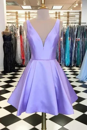 Cute V Neck Lavender/Red/Blue Satin Short Prom Dress, V Neck Lavender/Red/Blue Homecoming Dress, Formal Evening Dress