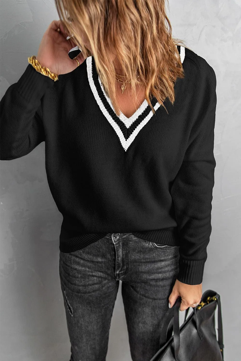 Deep V Contrasted Neckline Knitted Sweater