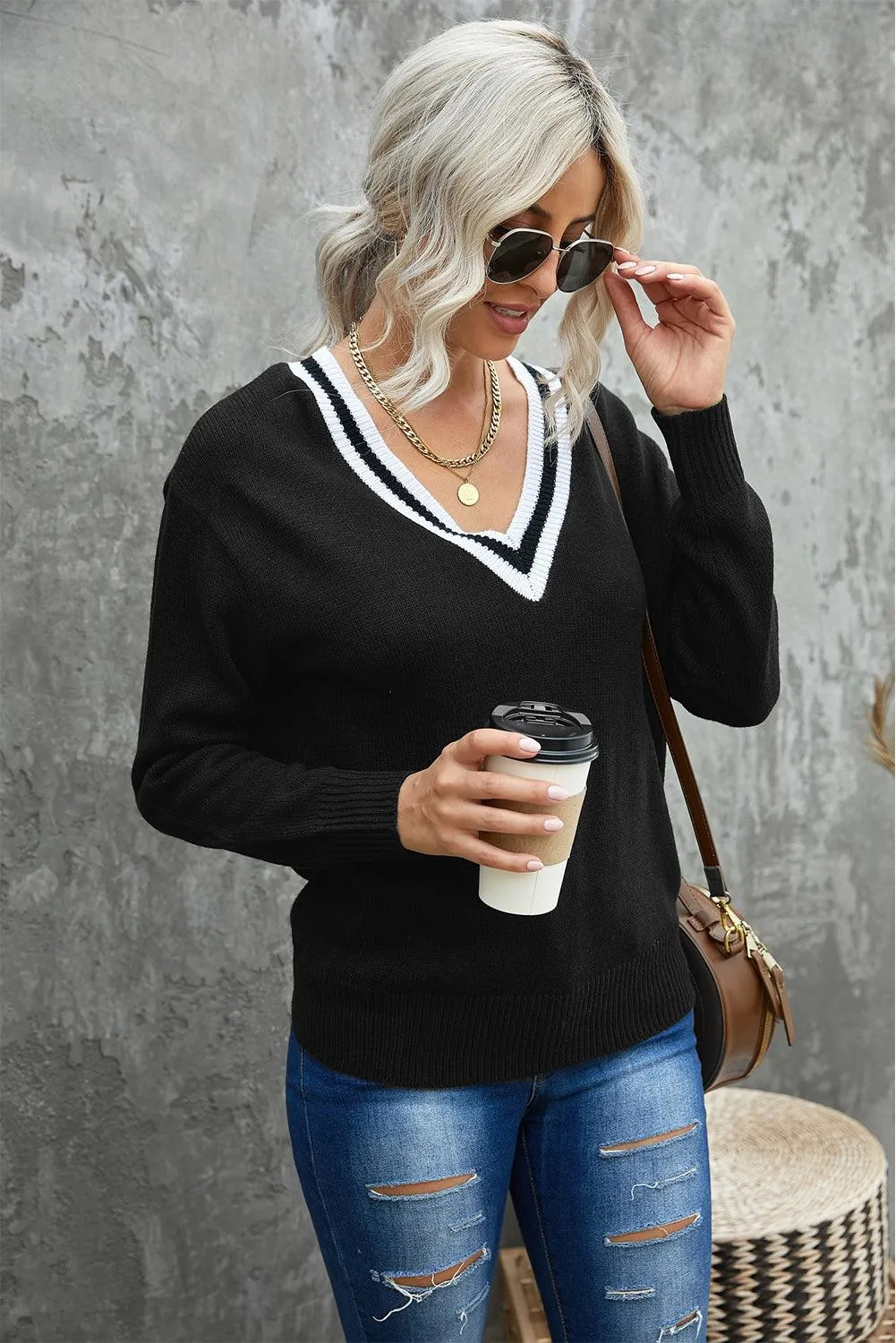 Deep V Contrasted Neckline Knitted Sweater