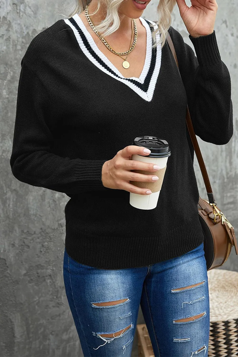 Deep V Contrasted Neckline Knitted Sweater