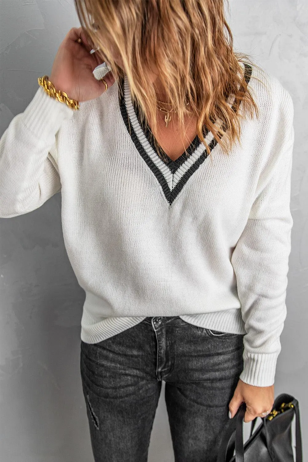 Deep V Contrasted Neckline Knitted Sweater