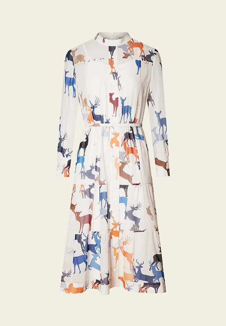 Deer Print Pussy-bow Collar Chiffon Dress