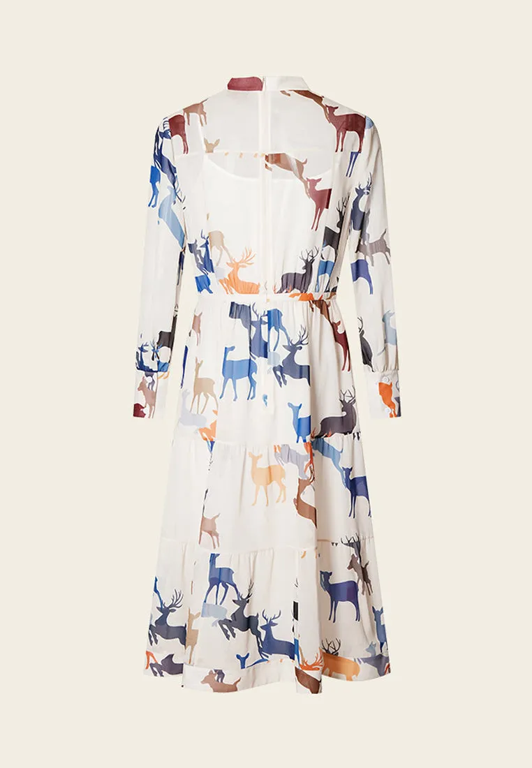 Deer Print Pussy-bow Collar Chiffon Dress