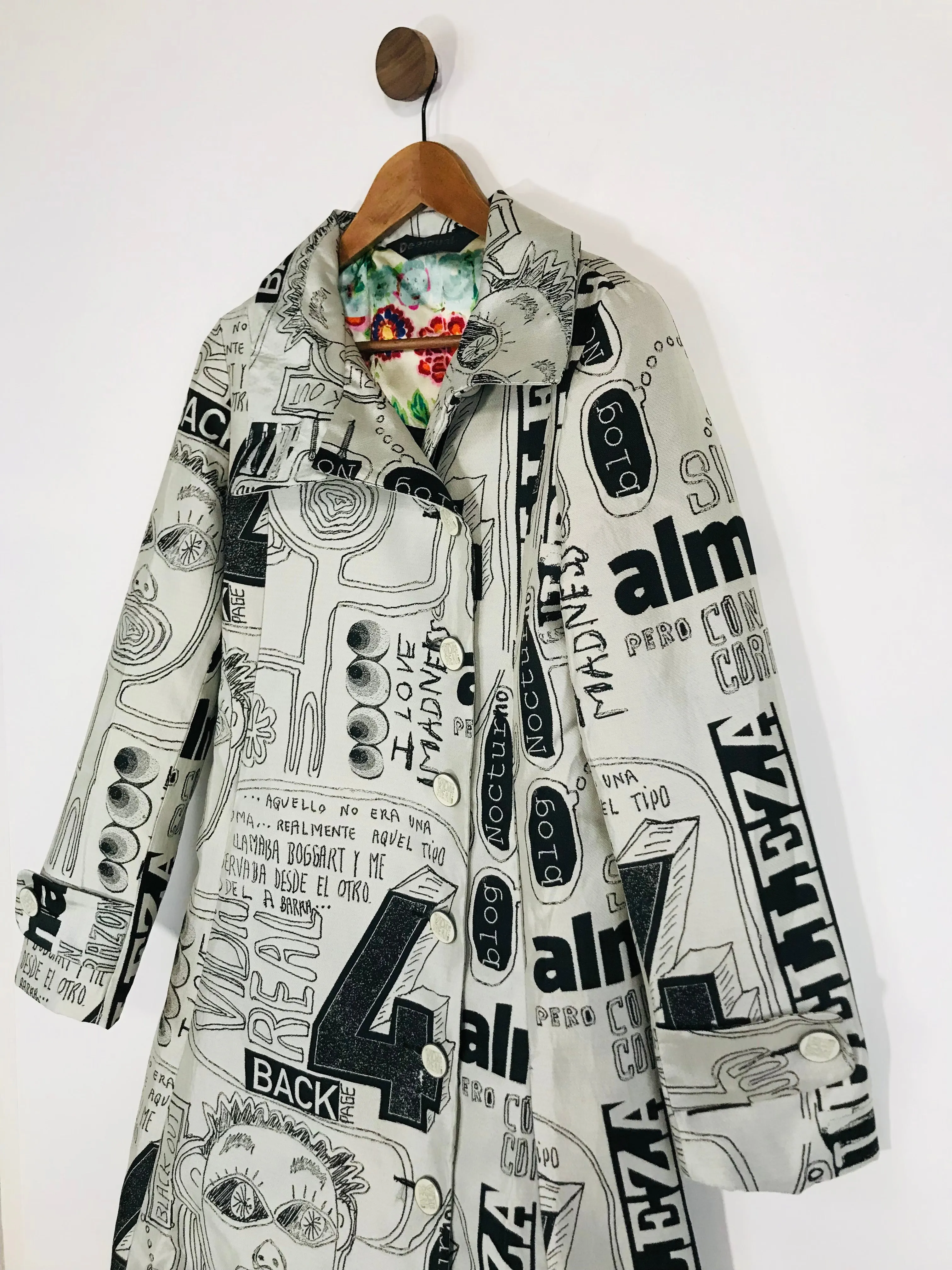 Desigual Women's Jacquard Statement Print Overcoat Coat | UK12 | White