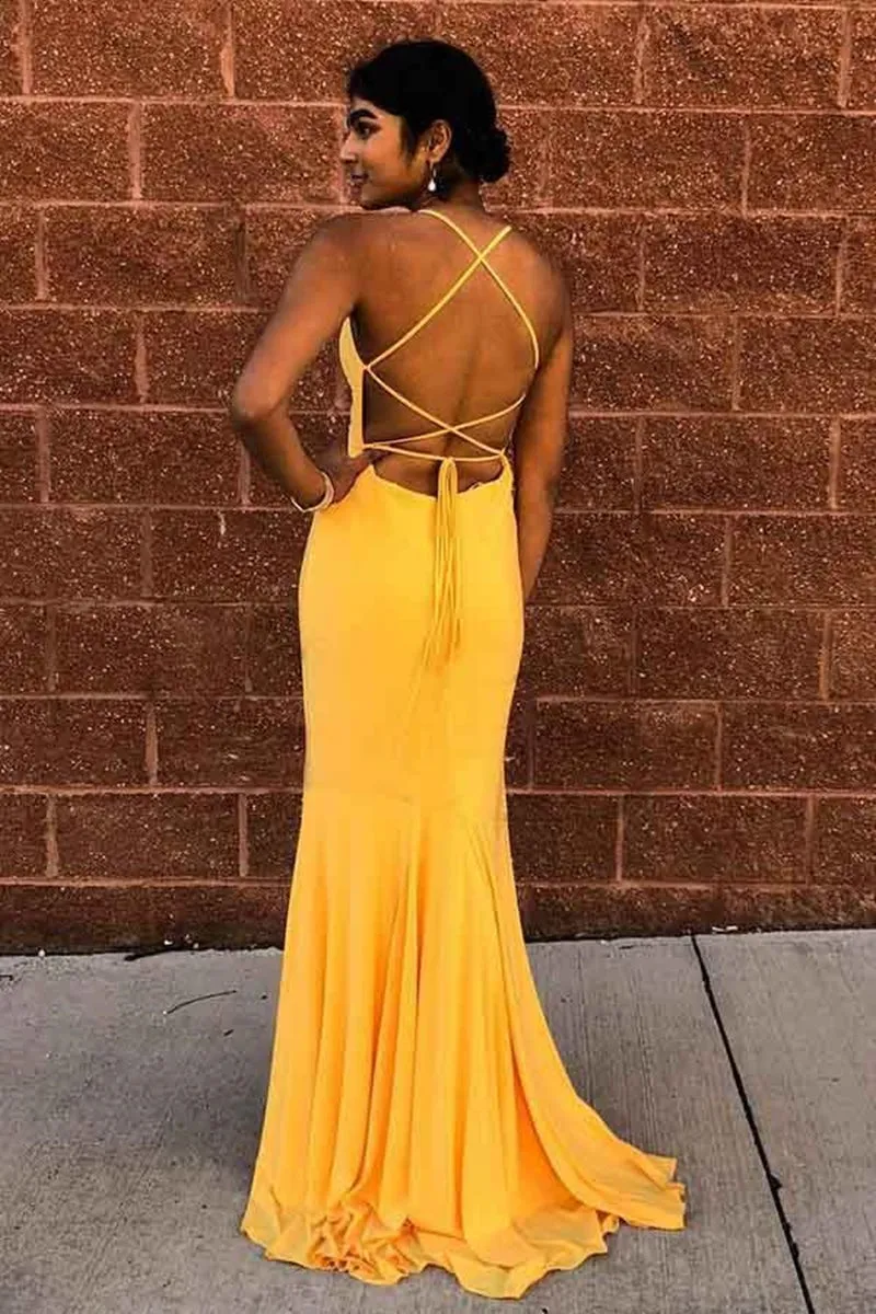 Elegant Mermaid Backless Yellow Long Prom Dress, Mermaid Yellow Formal Dress, Backless Yellow Evening Dress