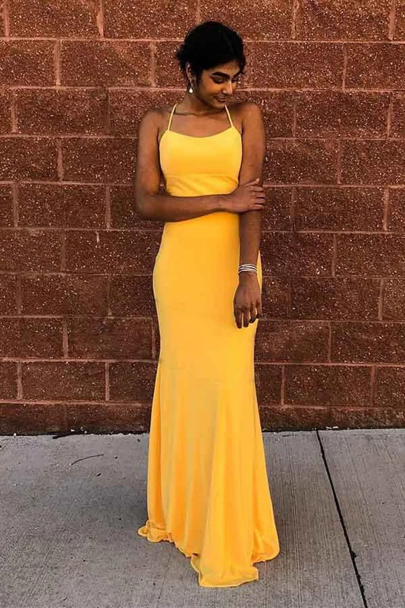 Elegant Mermaid Backless Yellow Long Prom Dress, Mermaid Yellow Formal Dress, Backless Yellow Evening Dress