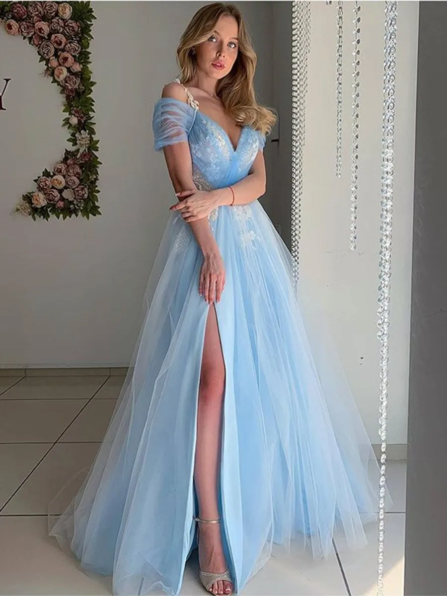 Elegant Off Shoulder Light Blue Tulle Long Prom, Off the Shoulder Light Blue Formal Evening