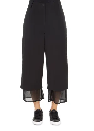 'Even' Cropped Black Chiffon Hem Wide Leg Trousers