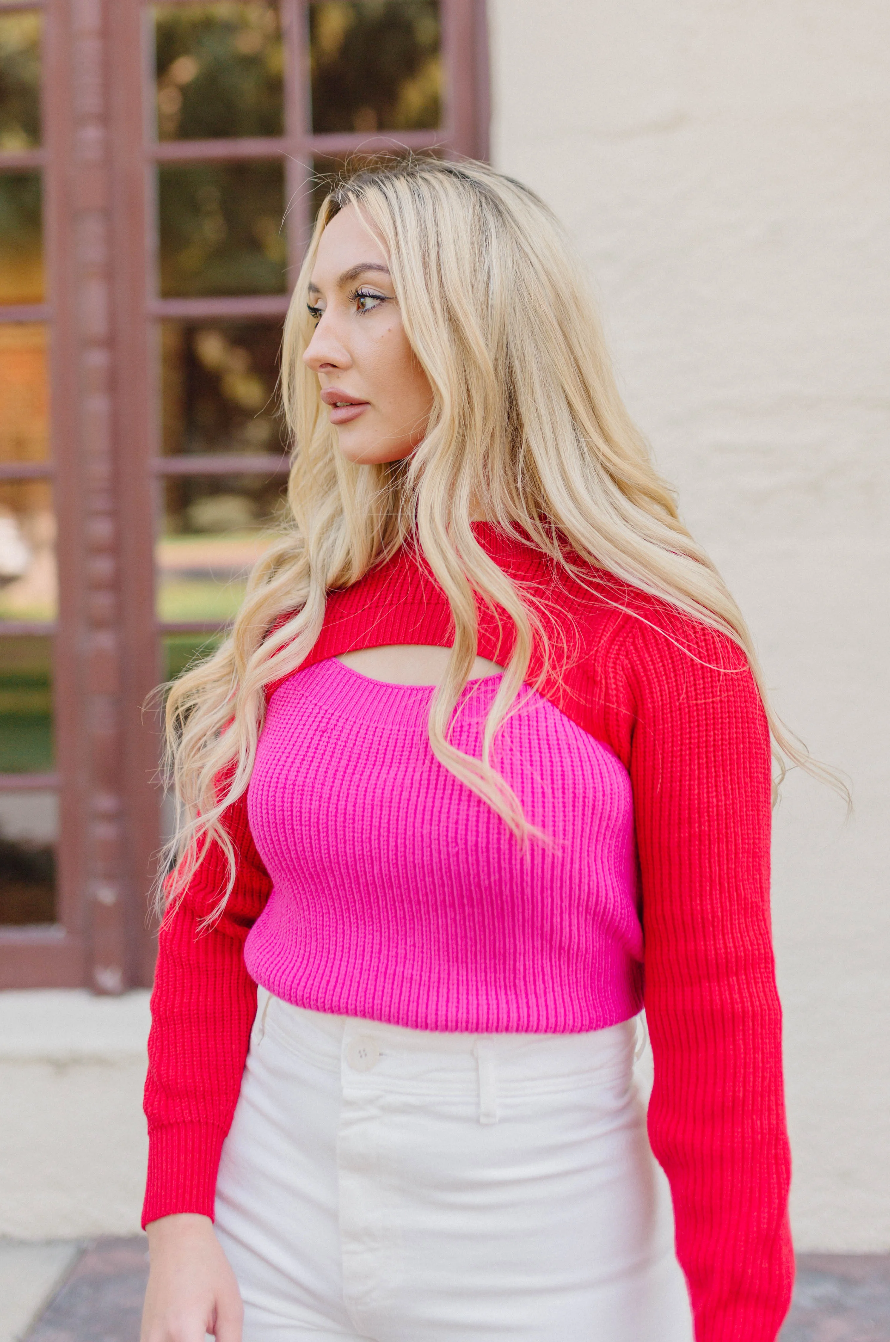 Falling For You Knit Cutout Sweater - Pink/Red