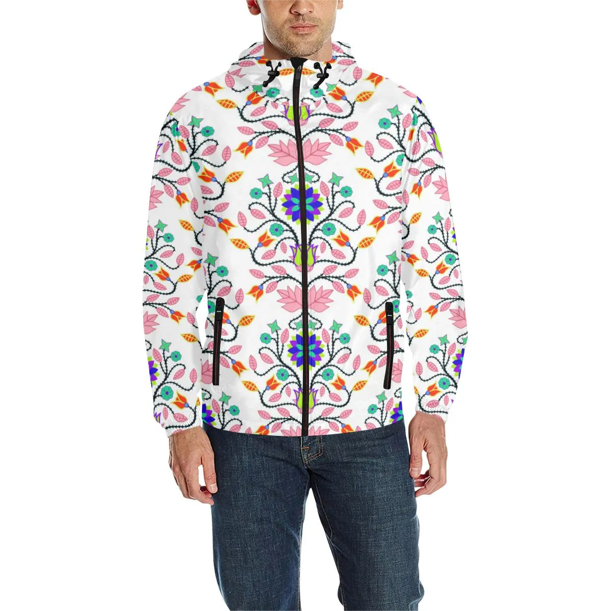 Floral Beadwork Four Clans White Unisex Quilted Coat