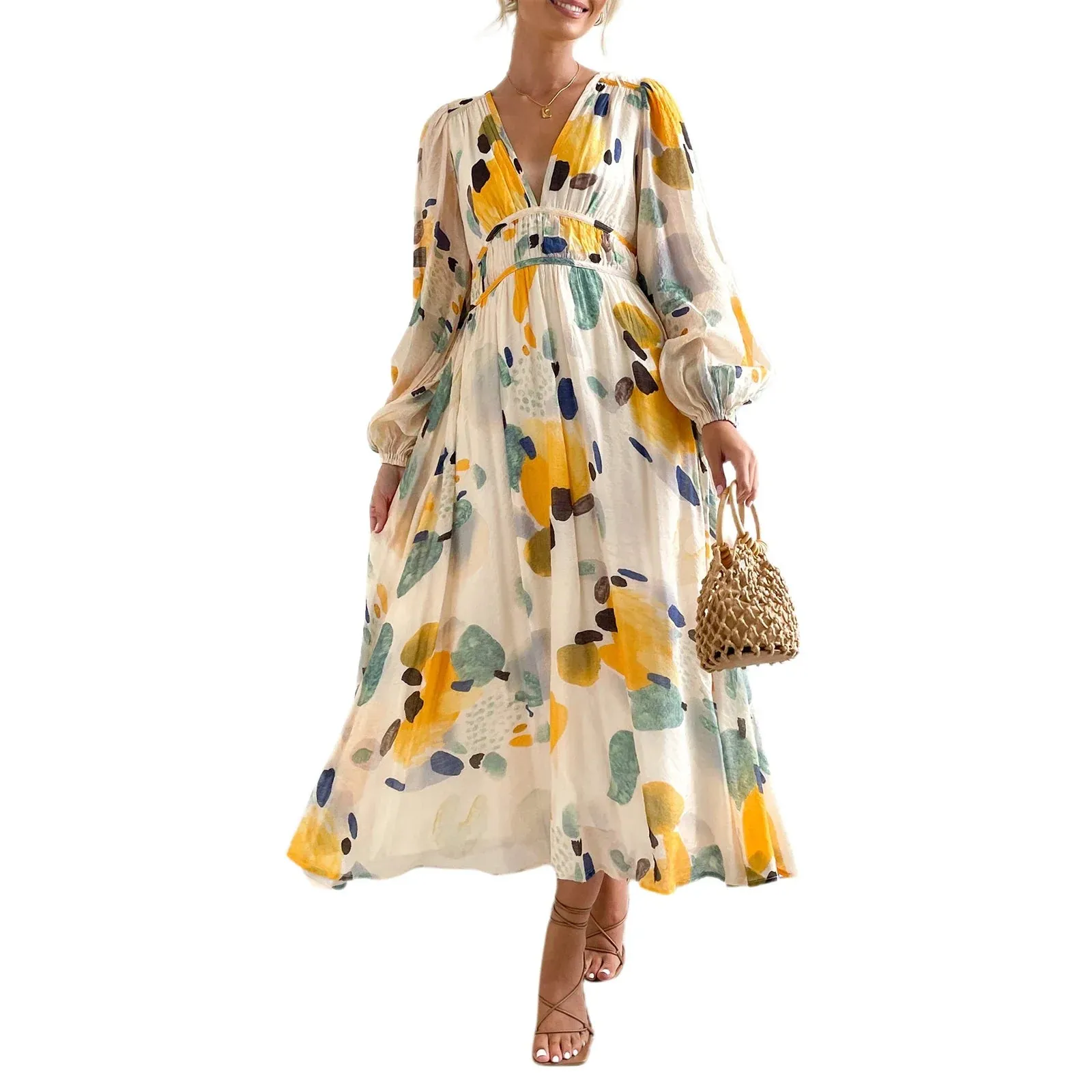 Floral Print Long V-Neck Sleeve Bohemian Spring Slim Fit Beach Party Casual Women Dress