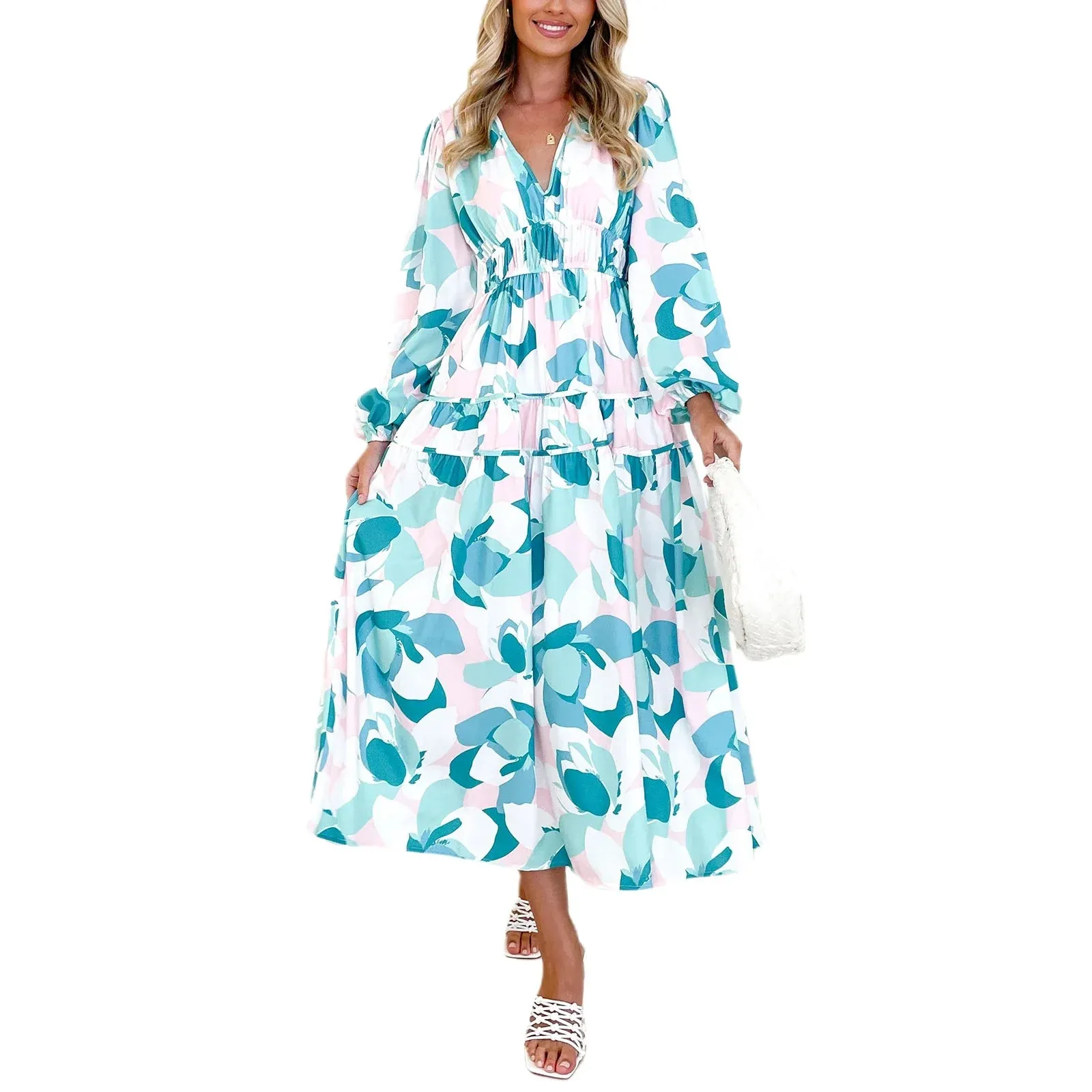 Floral Print Long V-Neck Sleeve Bohemian Spring Slim Fit Beach Party Casual Women Dress