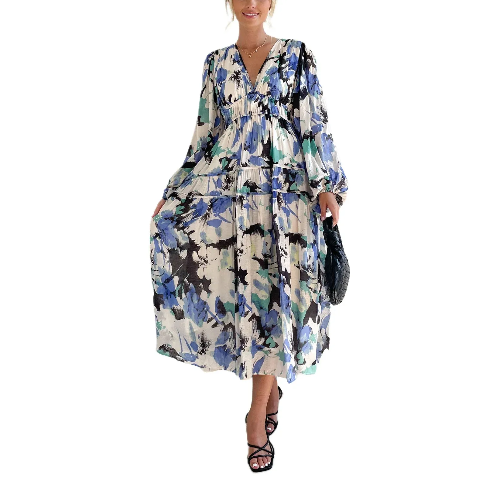 Floral Print Long V-Neck Sleeve Bohemian Spring Slim Fit Beach Party Casual Women Dress