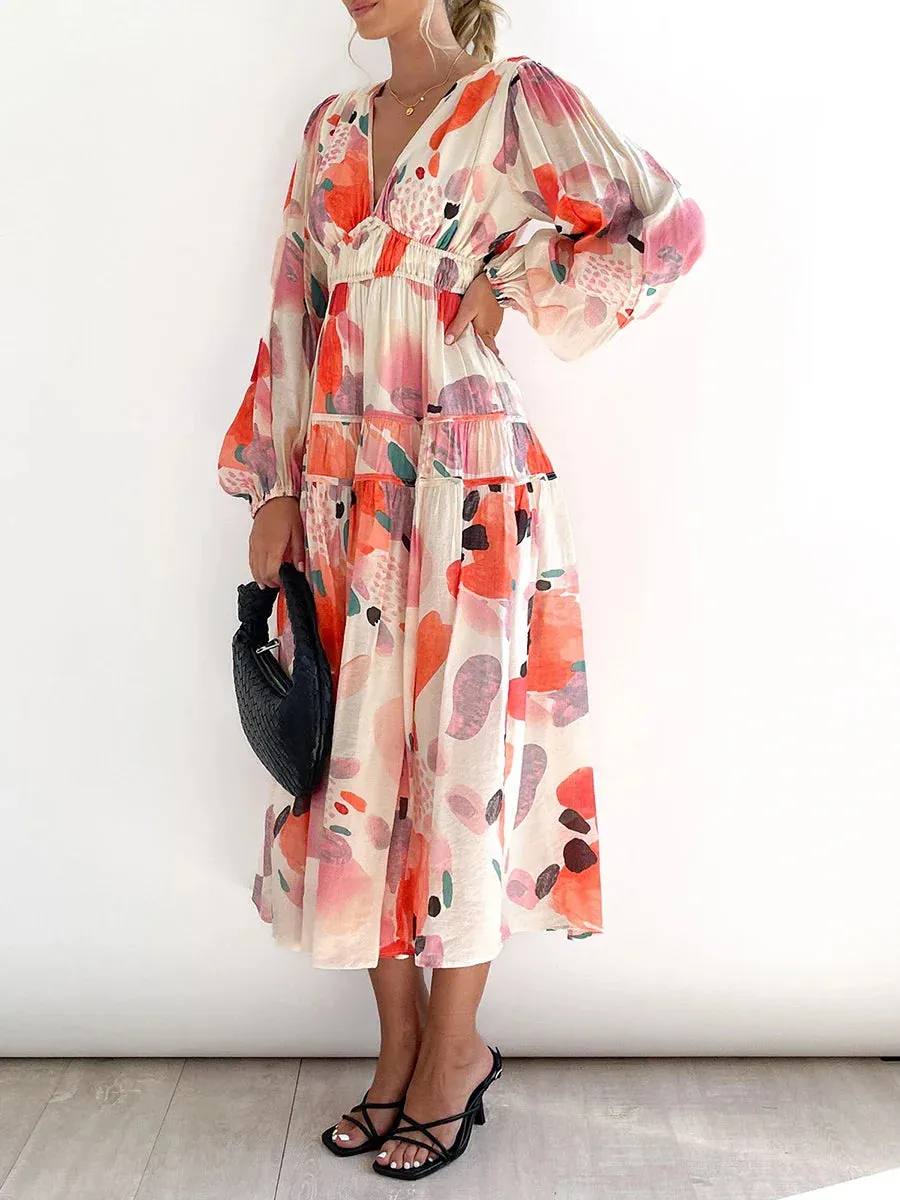 Floral Print Long V-Neck Sleeve Bohemian Spring Slim Fit Beach Party Casual Women Dress