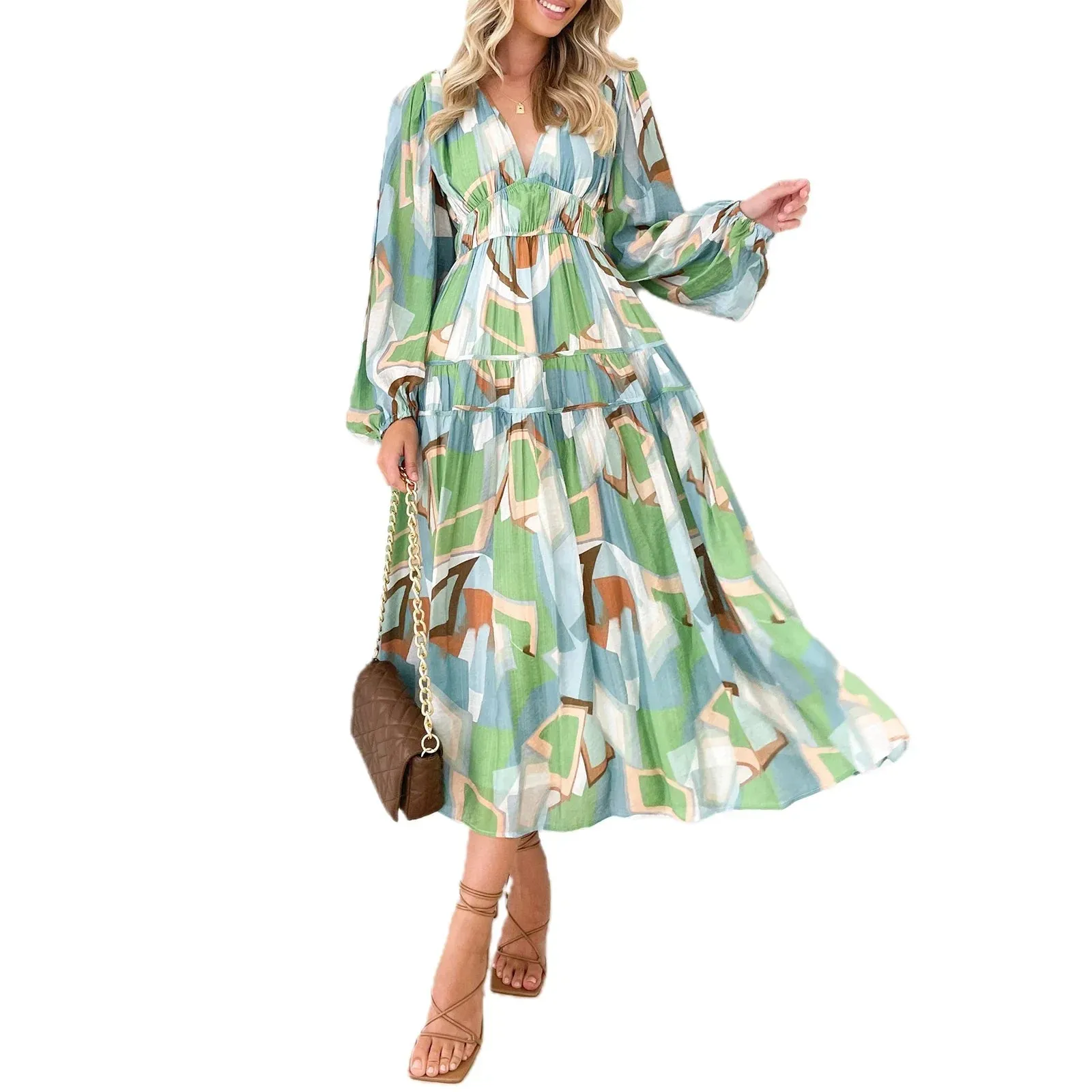 Floral Print Long V-Neck Sleeve Bohemian Spring Slim Fit Beach Party Casual Women Dress