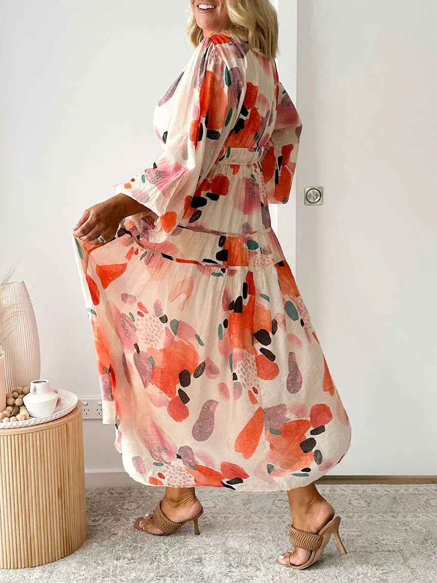 Floral Print Long V-Neck Sleeve Bohemian Spring Slim Fit Beach Party Casual Women Dress