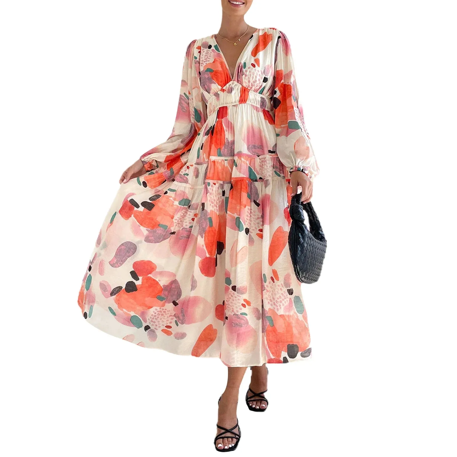 Floral Print Long V-Neck Sleeve Bohemian Spring Slim Fit Beach Party Casual Women Dress