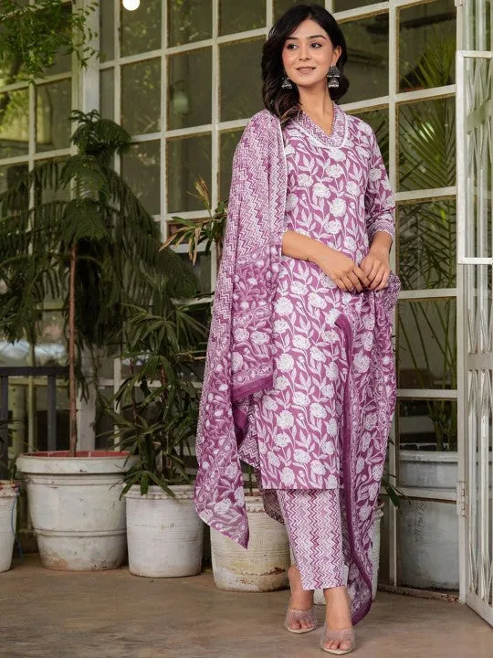 Floral Printed V-Neck Pure Cotton Straight Kurta Trousers & With Dupatta