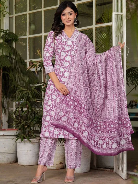 Floral Printed V-Neck Pure Cotton Straight Kurta Trousers & With Dupatta