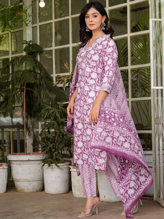 Floral Printed V-Neck Pure Cotton Straight Kurta Trousers & With Dupatta