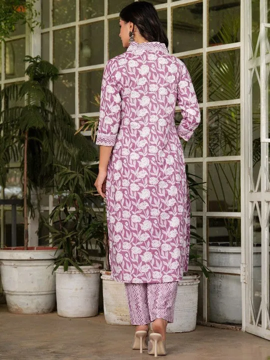 Floral Printed V-Neck Pure Cotton Straight Kurta Trousers & With Dupatta