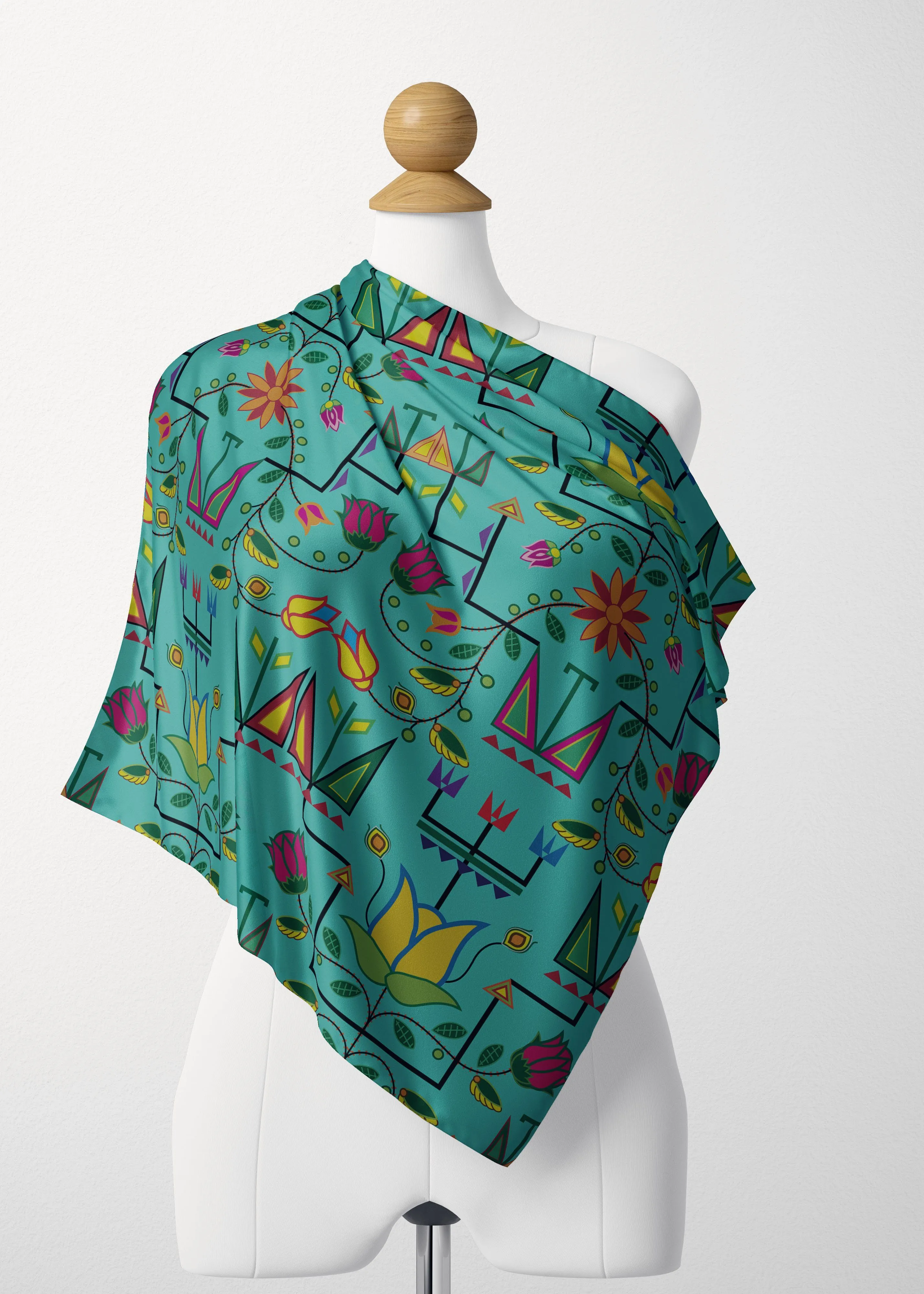 Geometric Floral Summer Turquoise Satin Shawl