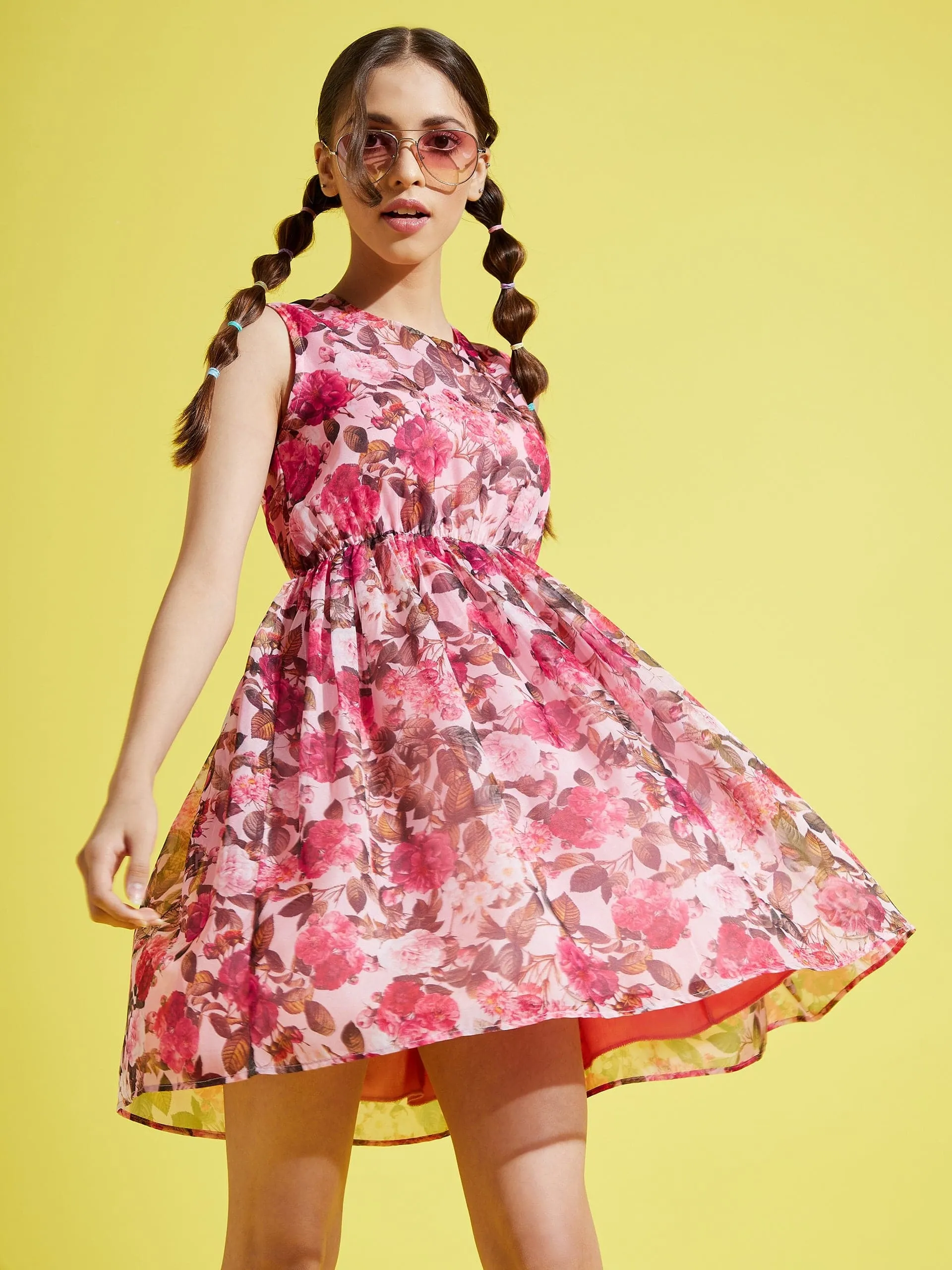 Girls Pink Organza Floral Gathered Dress - Lyush Kids