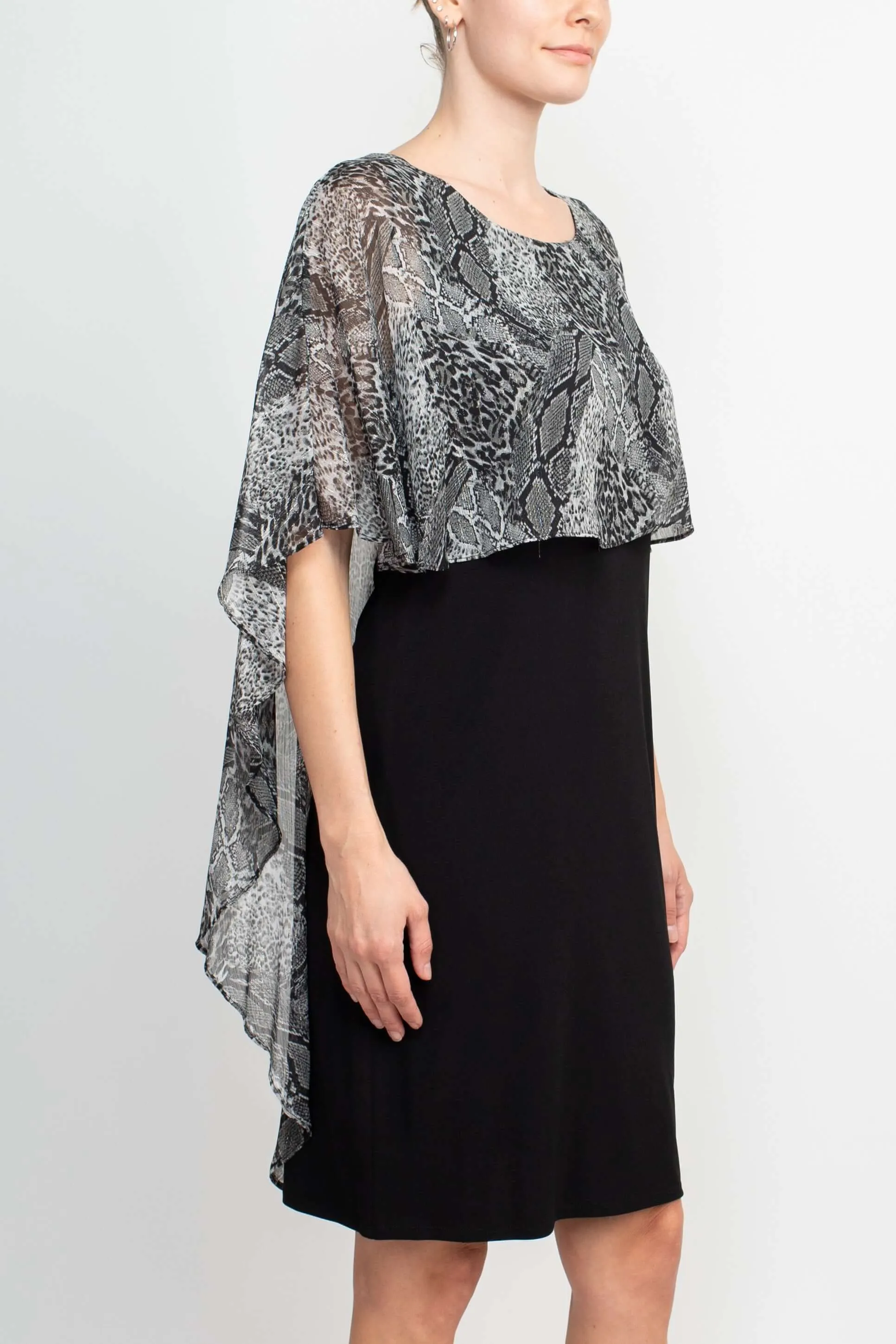 Glamour Nights Scoop Neck Animal Print Chiffon Cape Short Sleeve ITY Dress