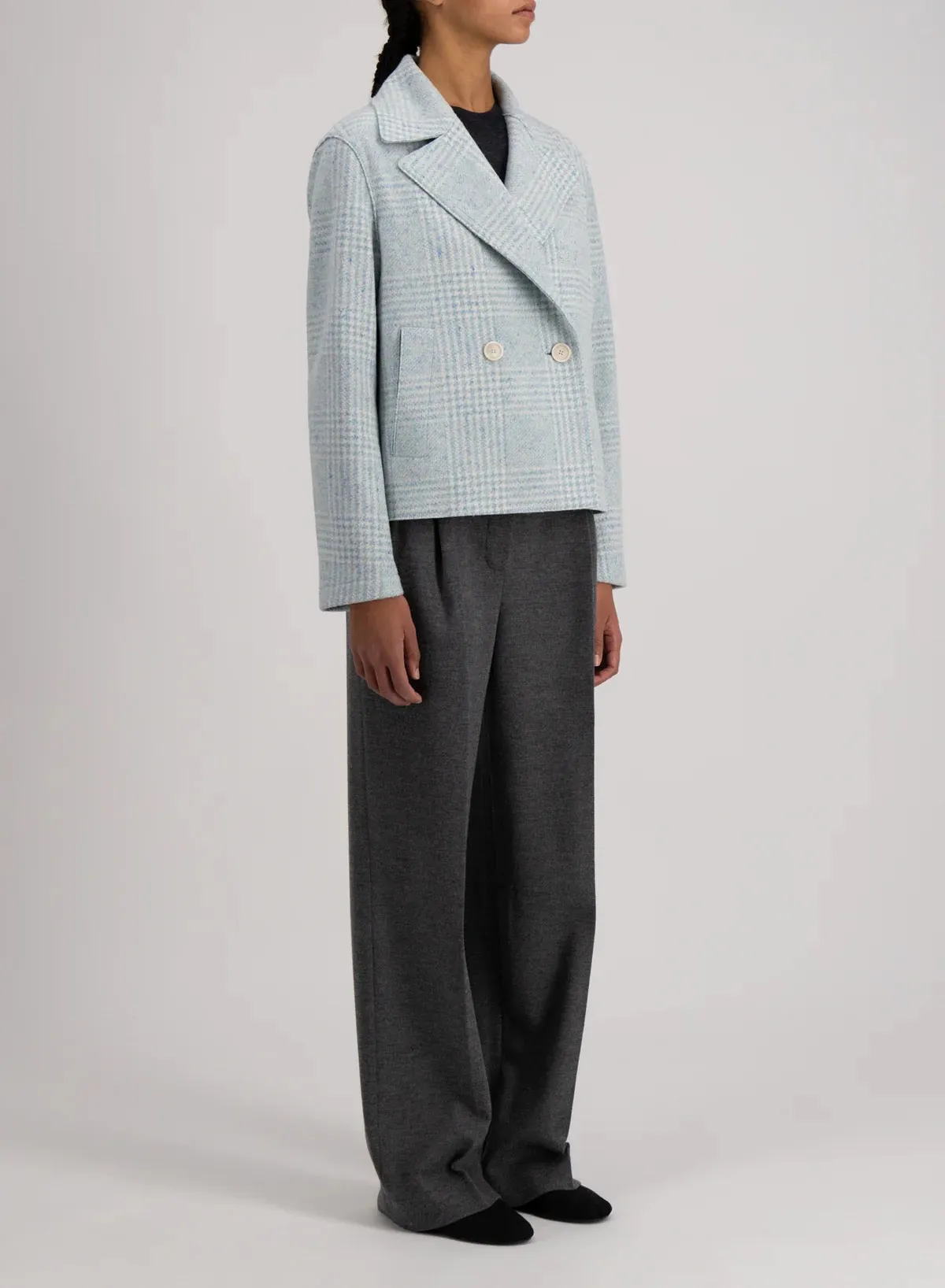 Harris Wharf London Cropped Peacoat Wool & Silk P.o.W. Azure