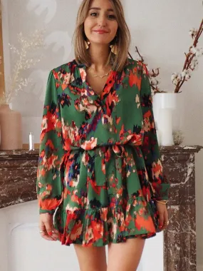 High Waist Floral Printed V Neck Long Sleeves Mini Boho Dress with Belt