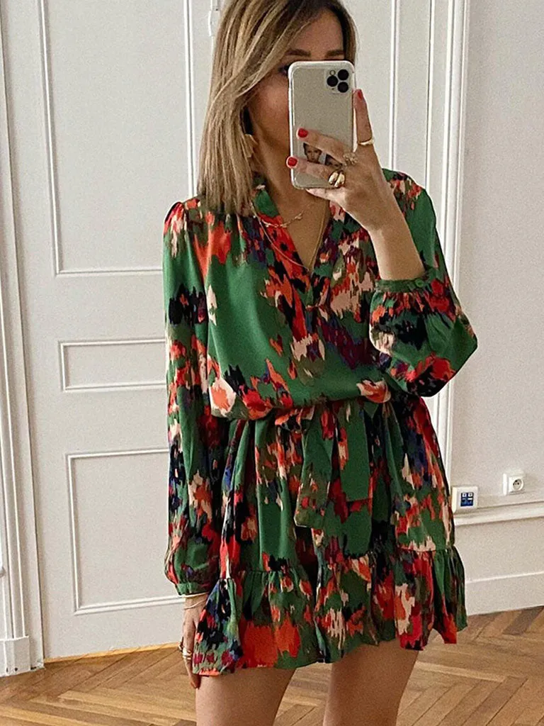 High Waist Floral Printed V Neck Long Sleeves Mini Boho Dress with Belt