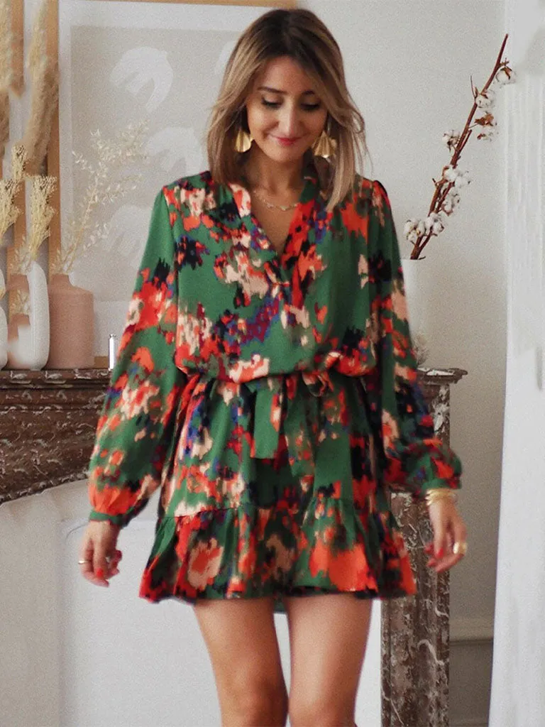 High Waist Floral Printed V Neck Long Sleeves Mini Boho Dress with Belt