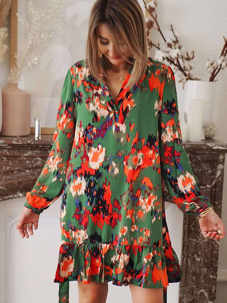 High Waist Floral Printed V Neck Long Sleeves Mini Boho Dress with Belt