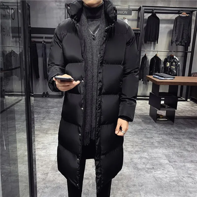 Ilooove - Men's Winter Long Down Cotton Jacket 2023 Korean Style Casual Loose Thick Plus Size Parka Coat Warm Overcoat