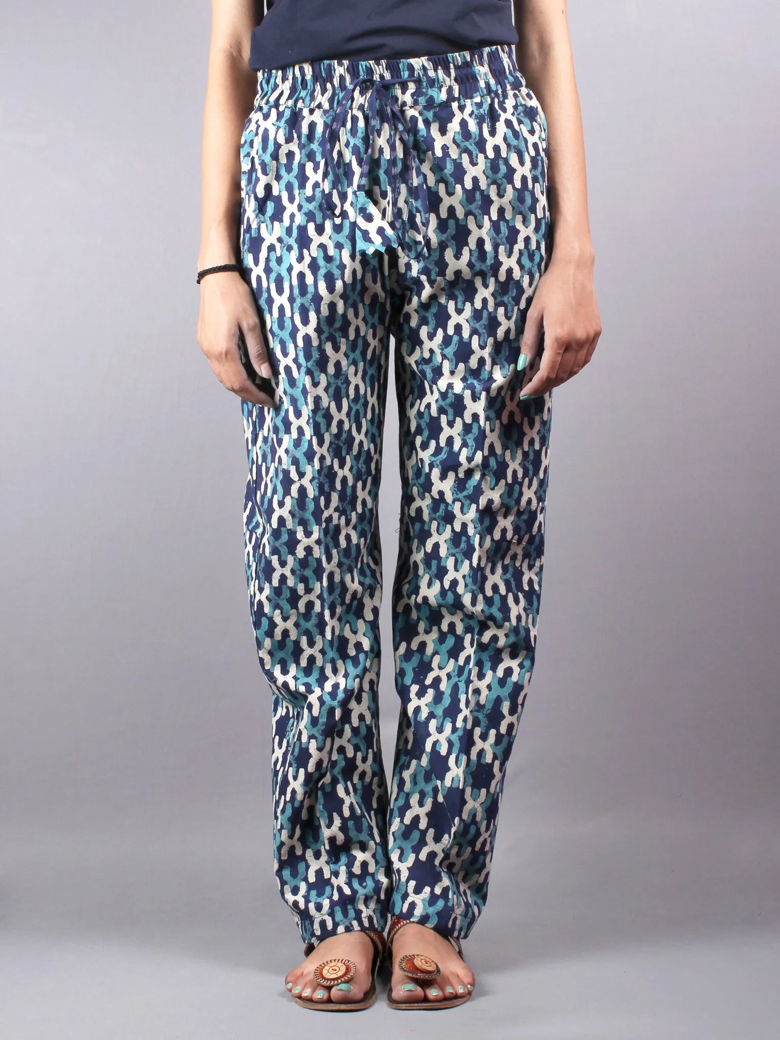 Indigo Hand Block Printed Elasticated Waist Trousers- T0317016