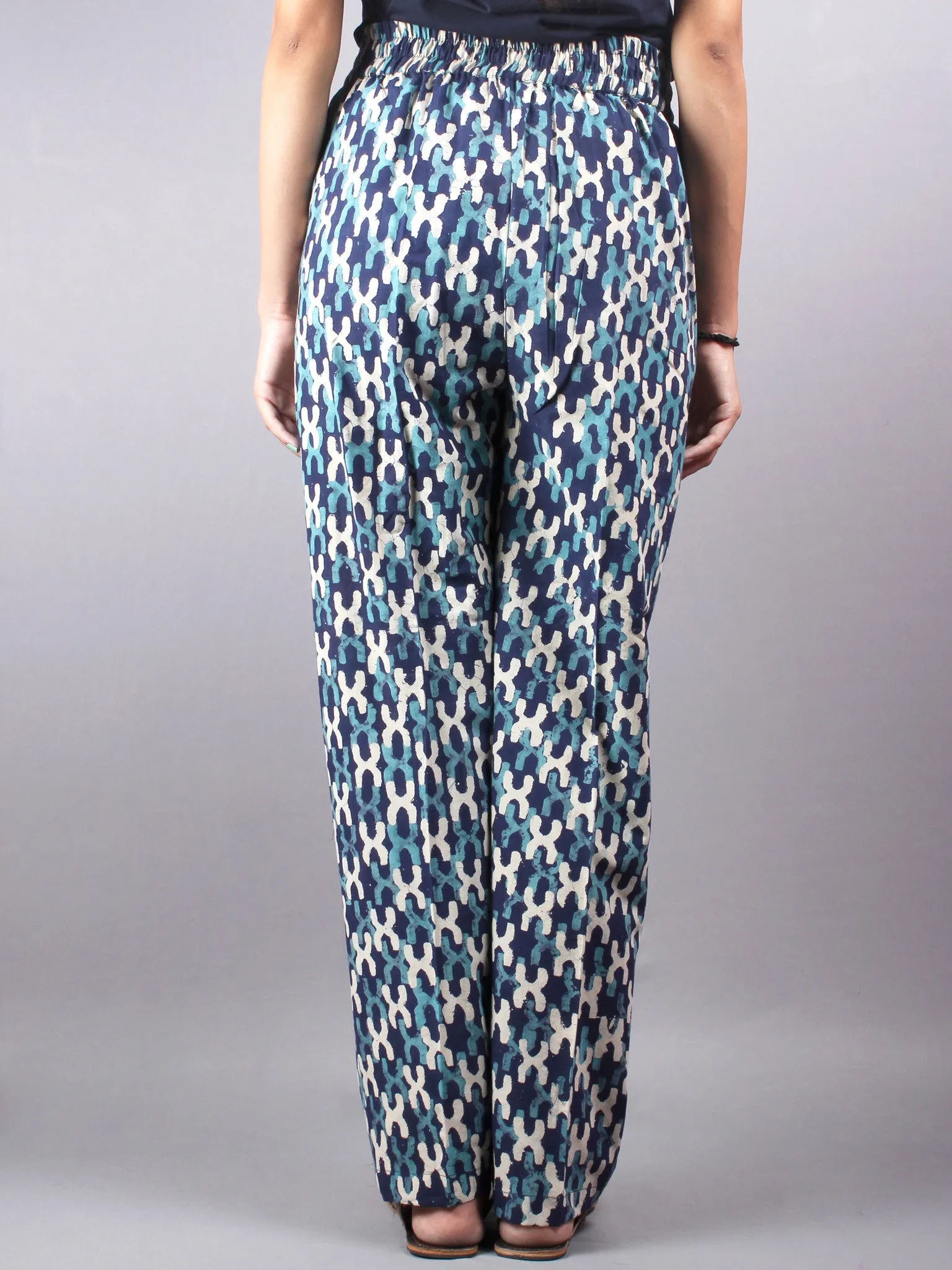 Indigo Hand Block Printed Elasticated Waist Trousers- T0317016