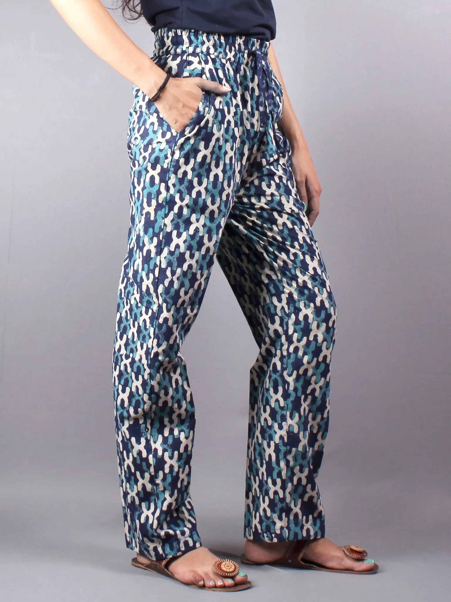 Indigo Hand Block Printed Elasticated Waist Trousers- T0317016