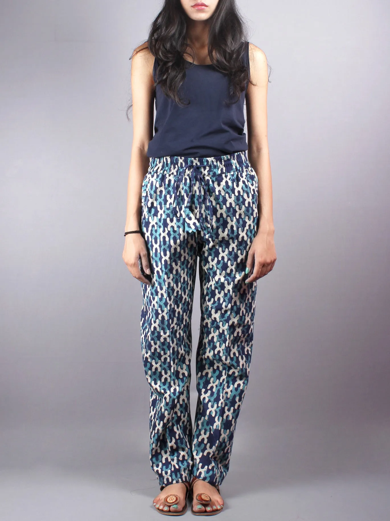 Indigo Hand Block Printed Elasticated Waist Trousers- T0317016