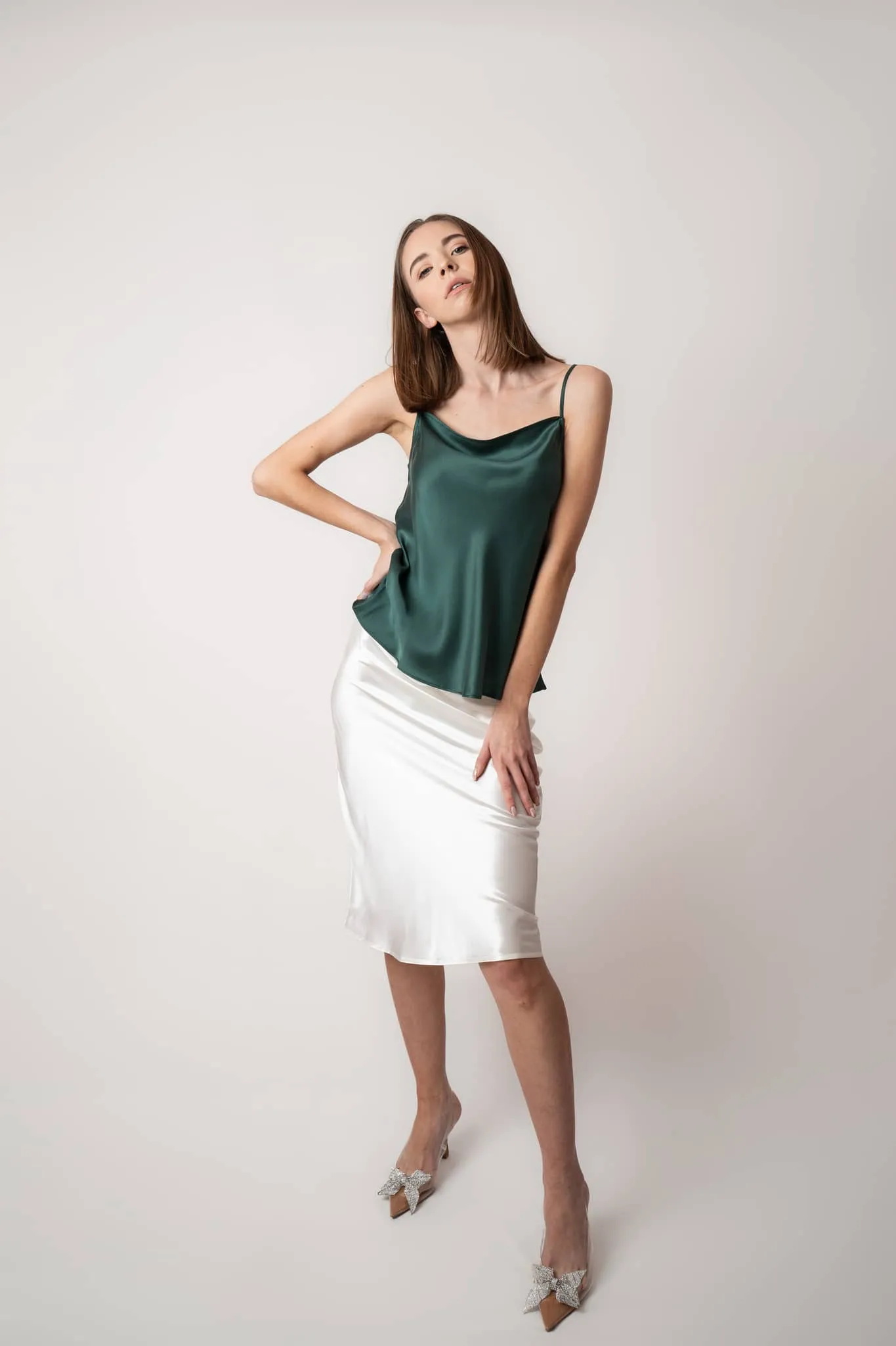 Ivory Double Layered Silk Midi Skirt