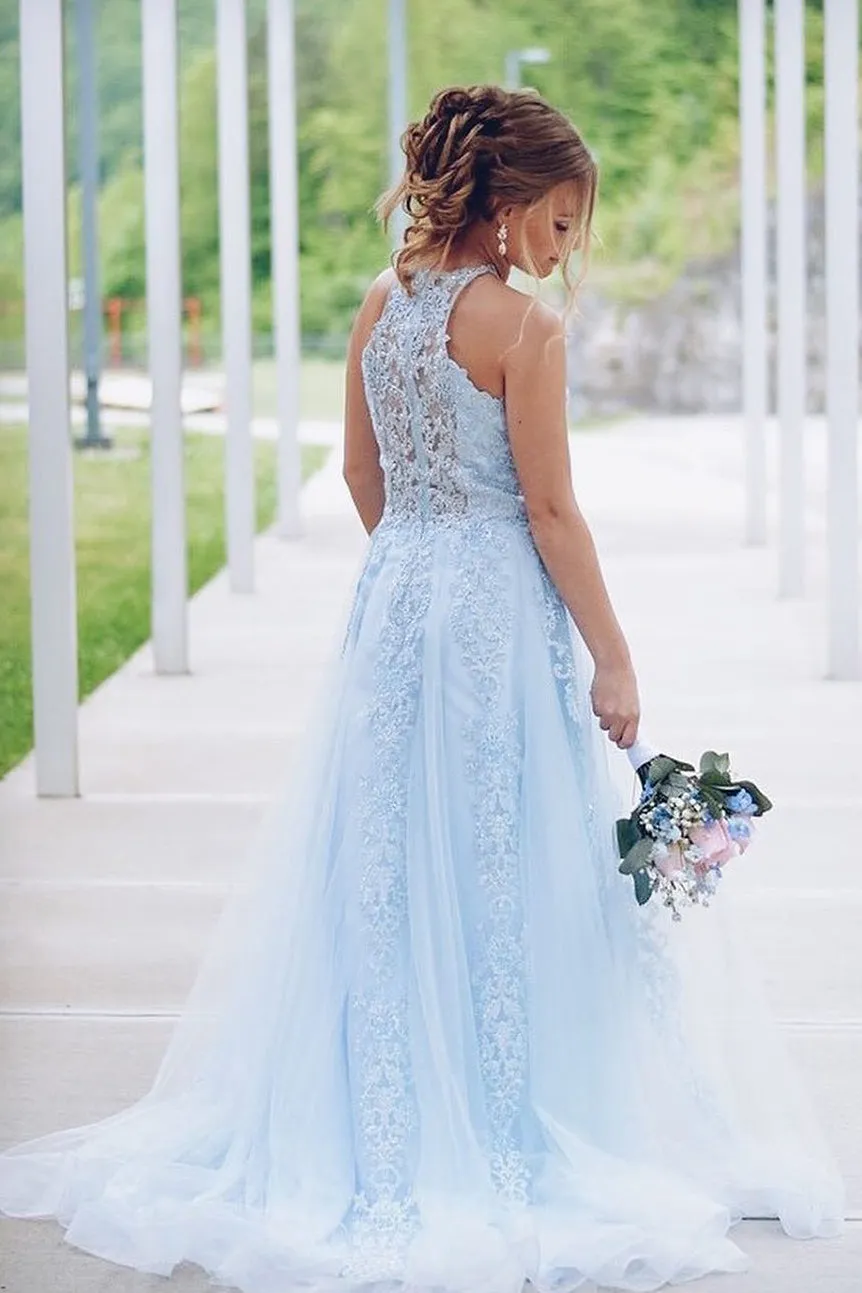 Light Blue Prom Dress Halter Neckline, Prom Dresses, Evening Dress, Dance Dress, Graduation School Party Gown, PC0388