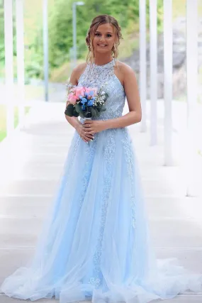 Light Blue Prom Dress Halter Neckline, Prom Dresses, Evening Dress, Dance Dress, Graduation School Party Gown, PC0388