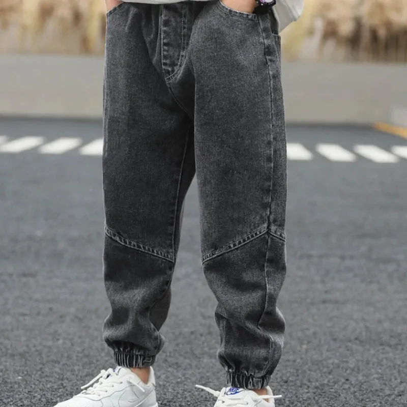 LJMOFA Kids Boys Jeans Spring Autumn Elastic Waist Children Trousers Casual Long Trousers Boys Clothing Sport Baggy Pants D363