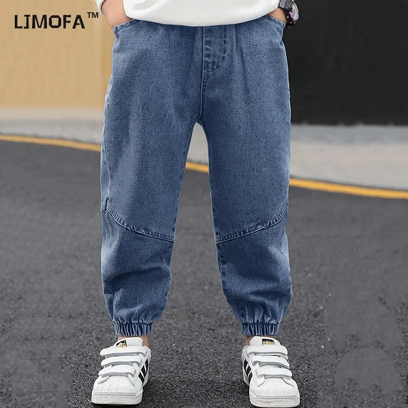 LJMOFA Kids Boys Jeans Spring Autumn Elastic Waist Children Trousers Casual Long Trousers Boys Clothing Sport Baggy Pants D363