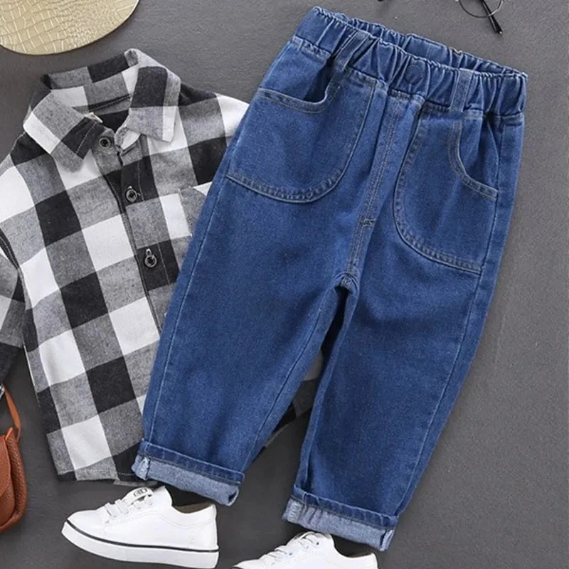 LJMOFA Kids Boys Jeans Spring Autumn Elastic Waist Children Trousers Casual Long Trousers Boys Clothing Sport Baggy Pants D363