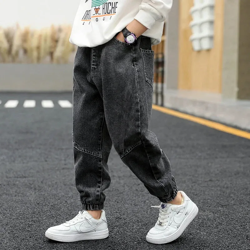 LJMOFA Kids Boys Jeans Spring Autumn Elastic Waist Children Trousers Casual Long Trousers Boys Clothing Sport Baggy Pants D363