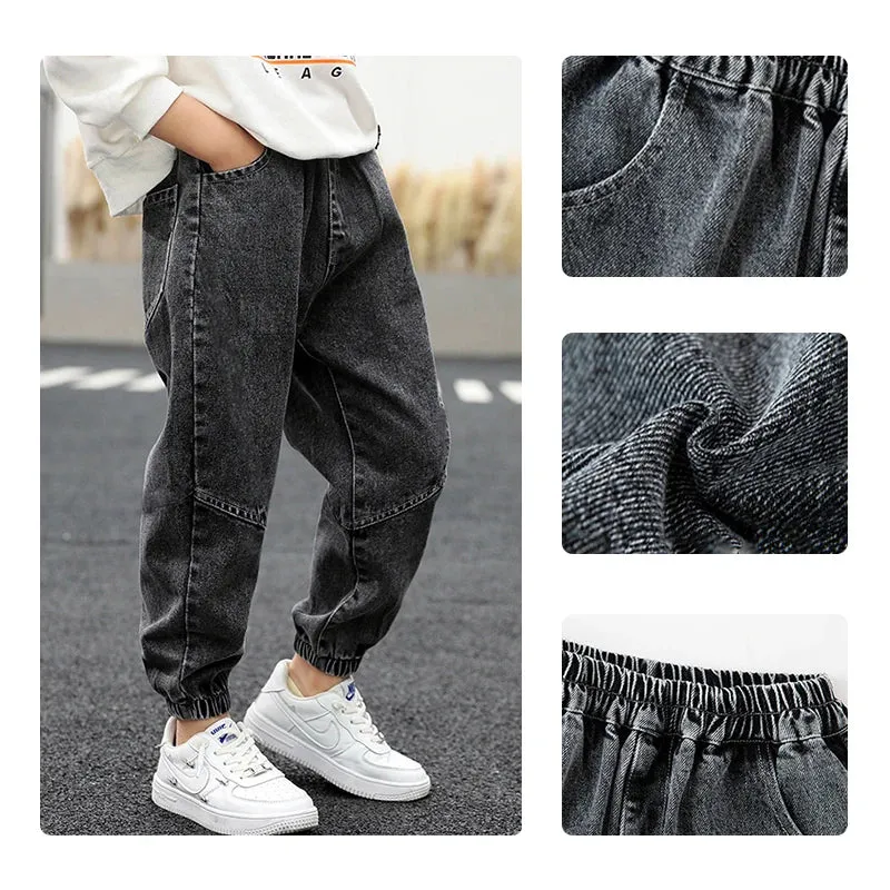 LJMOFA Kids Boys Jeans Spring Autumn Elastic Waist Children Trousers Casual Long Trousers Boys Clothing Sport Baggy Pants D363