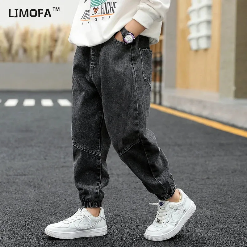 LJMOFA Kids Boys Jeans Spring Autumn Elastic Waist Children Trousers Casual Long Trousers Boys Clothing Sport Baggy Pants D363