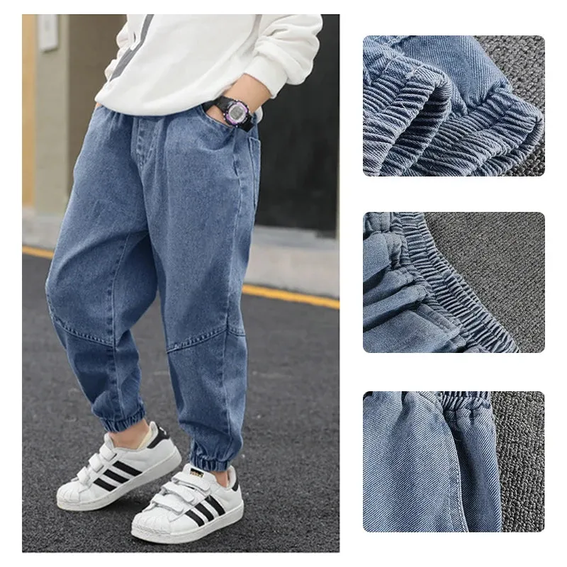 LJMOFA Kids Boys Jeans Spring Autumn Elastic Waist Children Trousers Casual Long Trousers Boys Clothing Sport Baggy Pants D363