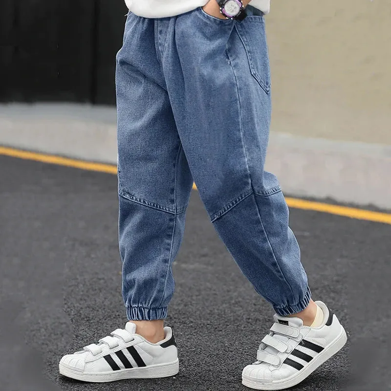 LJMOFA Kids Boys Jeans Spring Autumn Elastic Waist Children Trousers Casual Long Trousers Boys Clothing Sport Baggy Pants D363